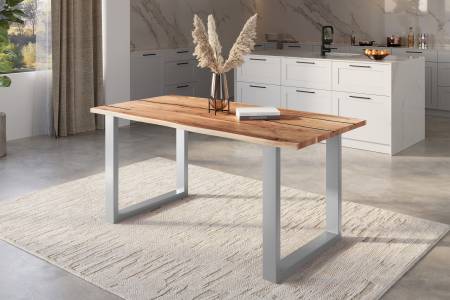 Baumkantentisch Akazie natur mit schwarzen Resin-Adern 180 x 90 cm U-Gestell silber POLLY