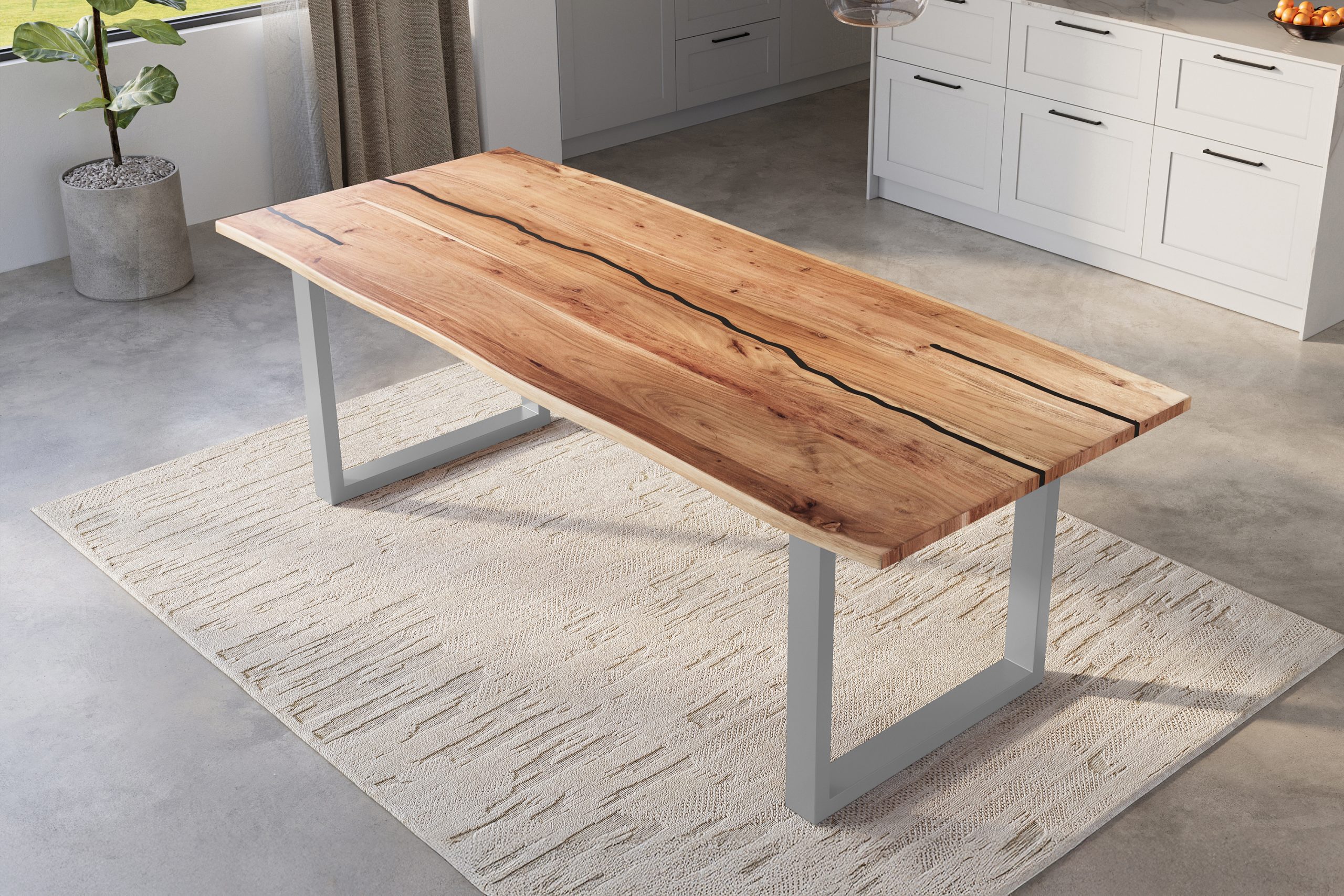 Baumkantentisch Akazie natur mit schwarzen Resin-Adern 260 x 100 cm U-Gestell silber POLLY – Bild 5