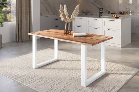 Baumkantentisch Akazie natur mit schwarzen Resin-Adern 180 x 90 cm U-Gestell weiß POLLY