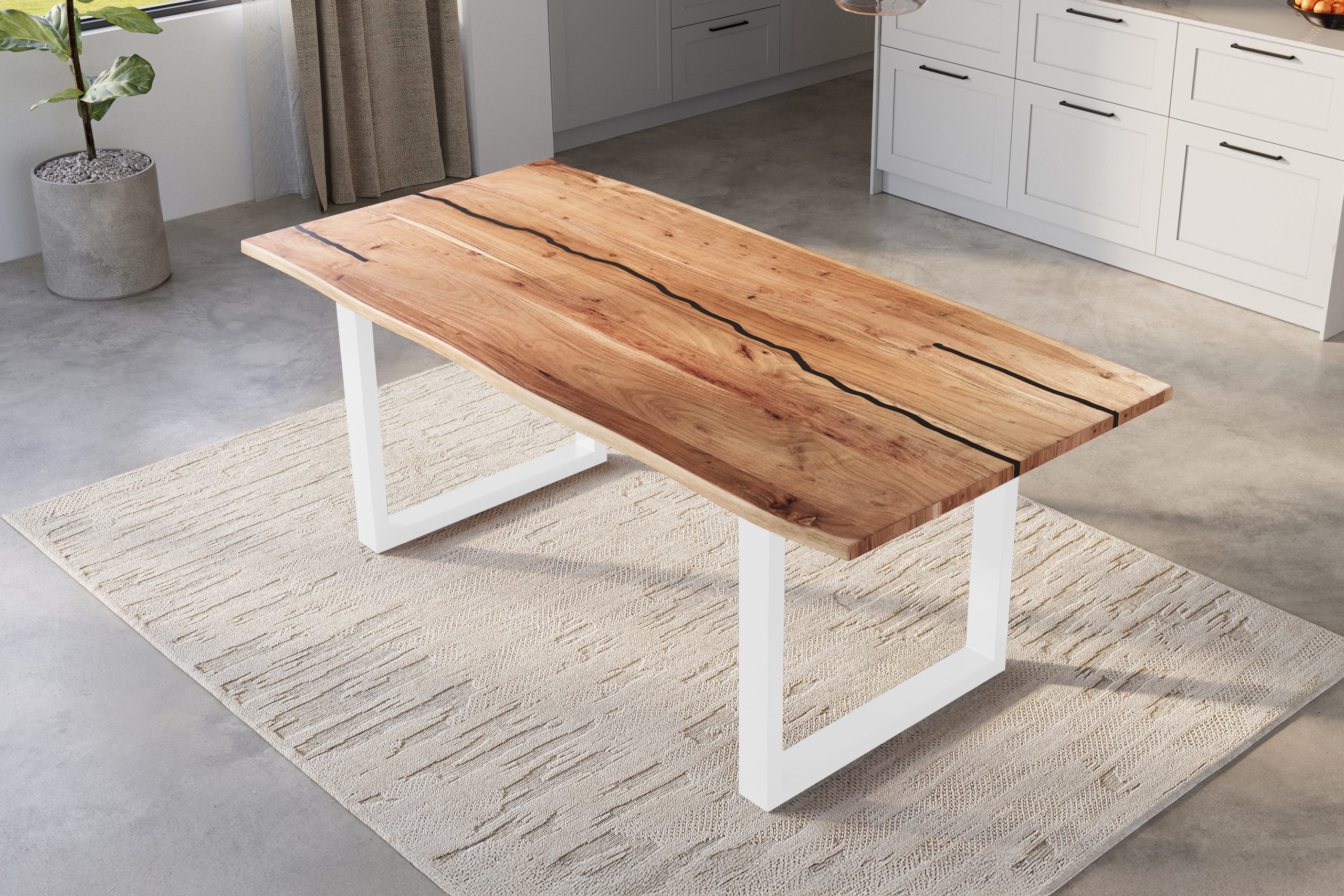 Baumkantentisch Akazie natur mit schwarzen Resin-Adern 220 x 100 cm U-Gestell weiß POLLY – Bild 5