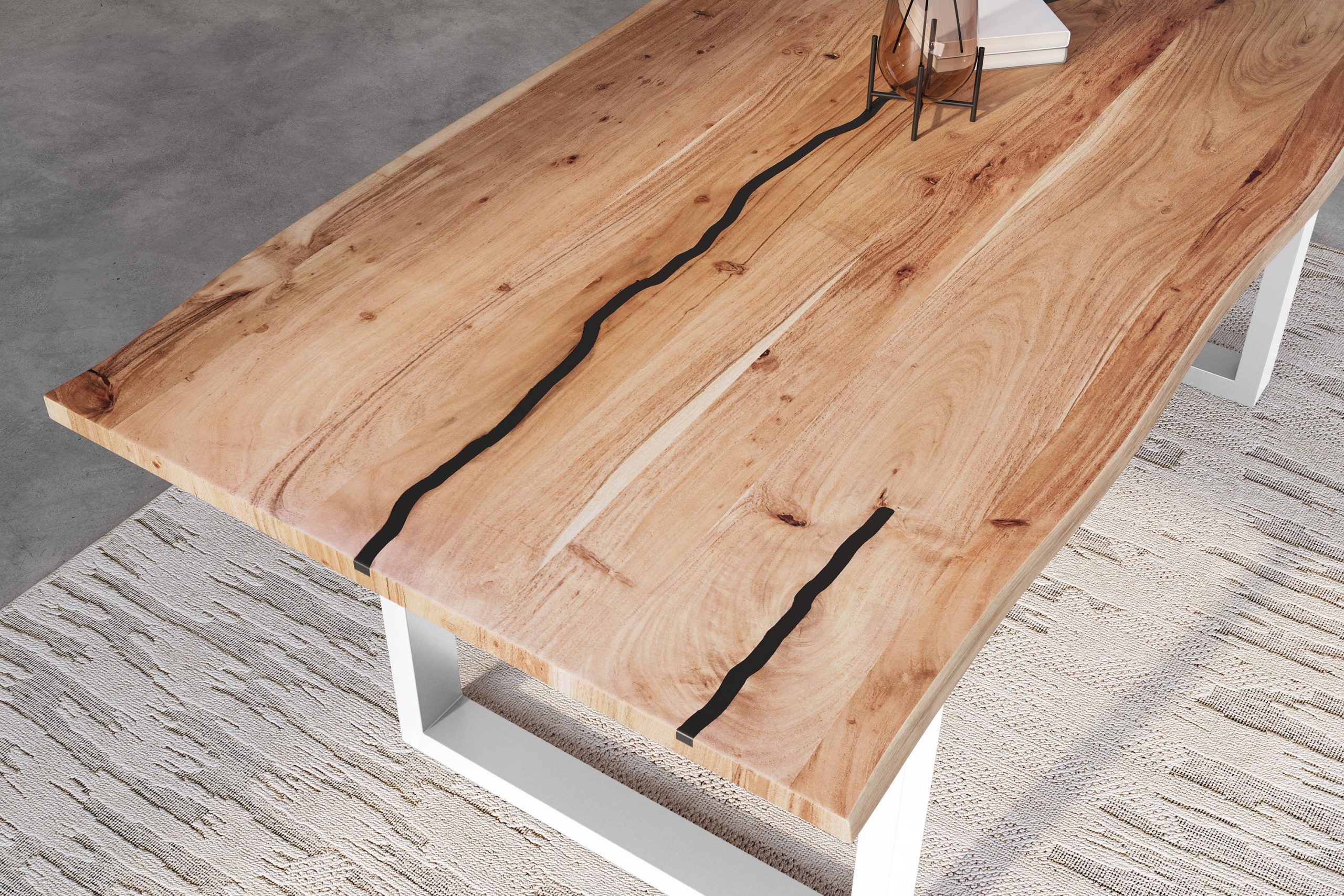 Baumkantentisch Akazie natur mit schwarzen Resin-Adern 220 x 100 cm U-Gestell weiß POLLY – Bild 6