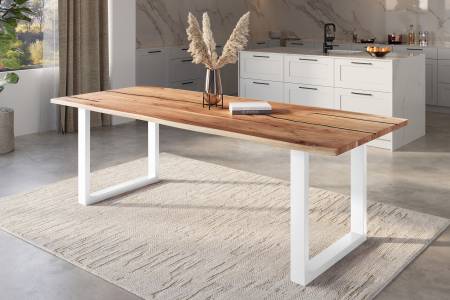 Baumkantentisch Akazie natur mit schwarzen Resin-Adern 280 x 100 cm U-Gestell weiß POLLY