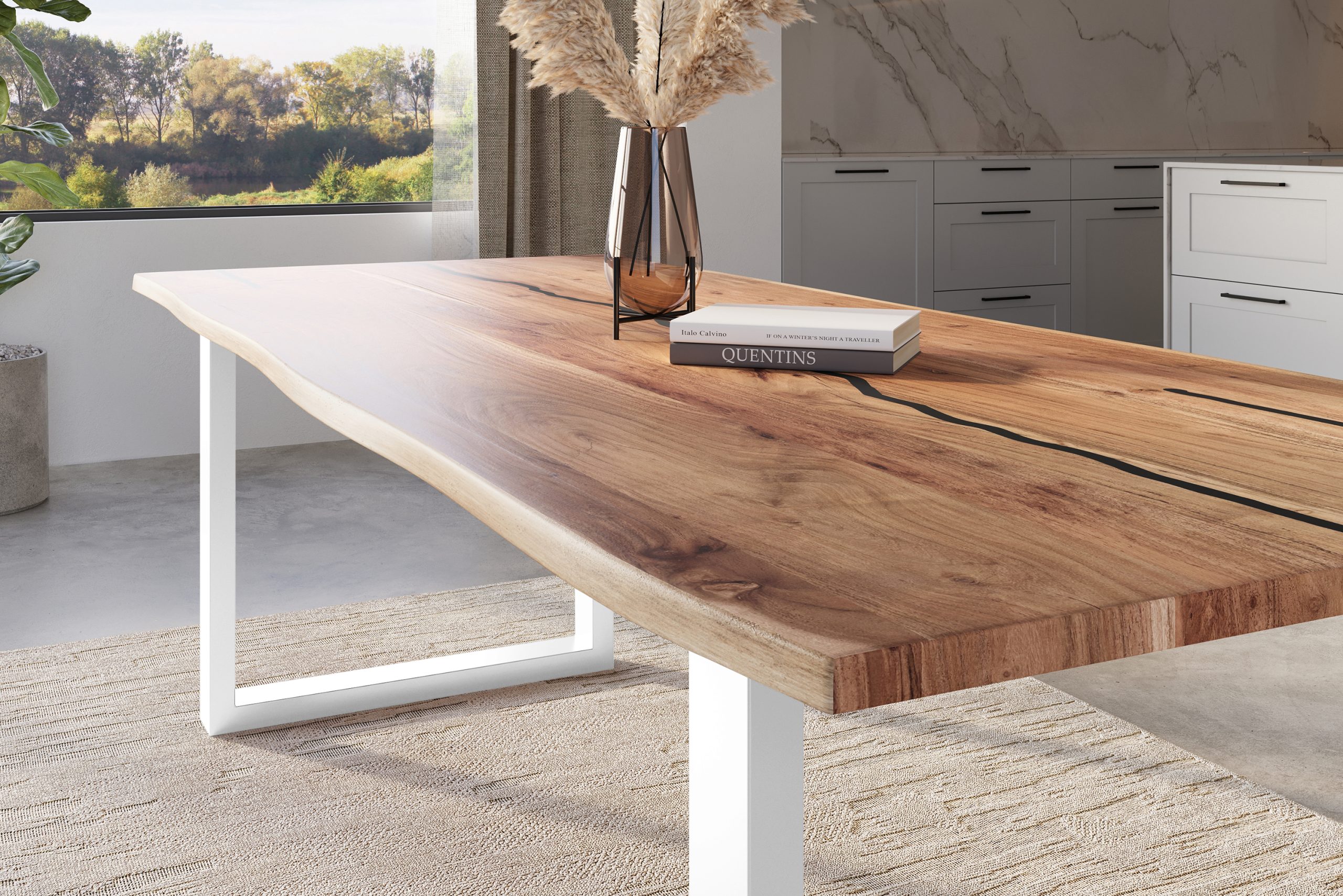 Baumkantentisch Akazie natur mit schwarzen Resin-Adern 280 x 100 cm U-Gestell weiß POLLY – Bild 4