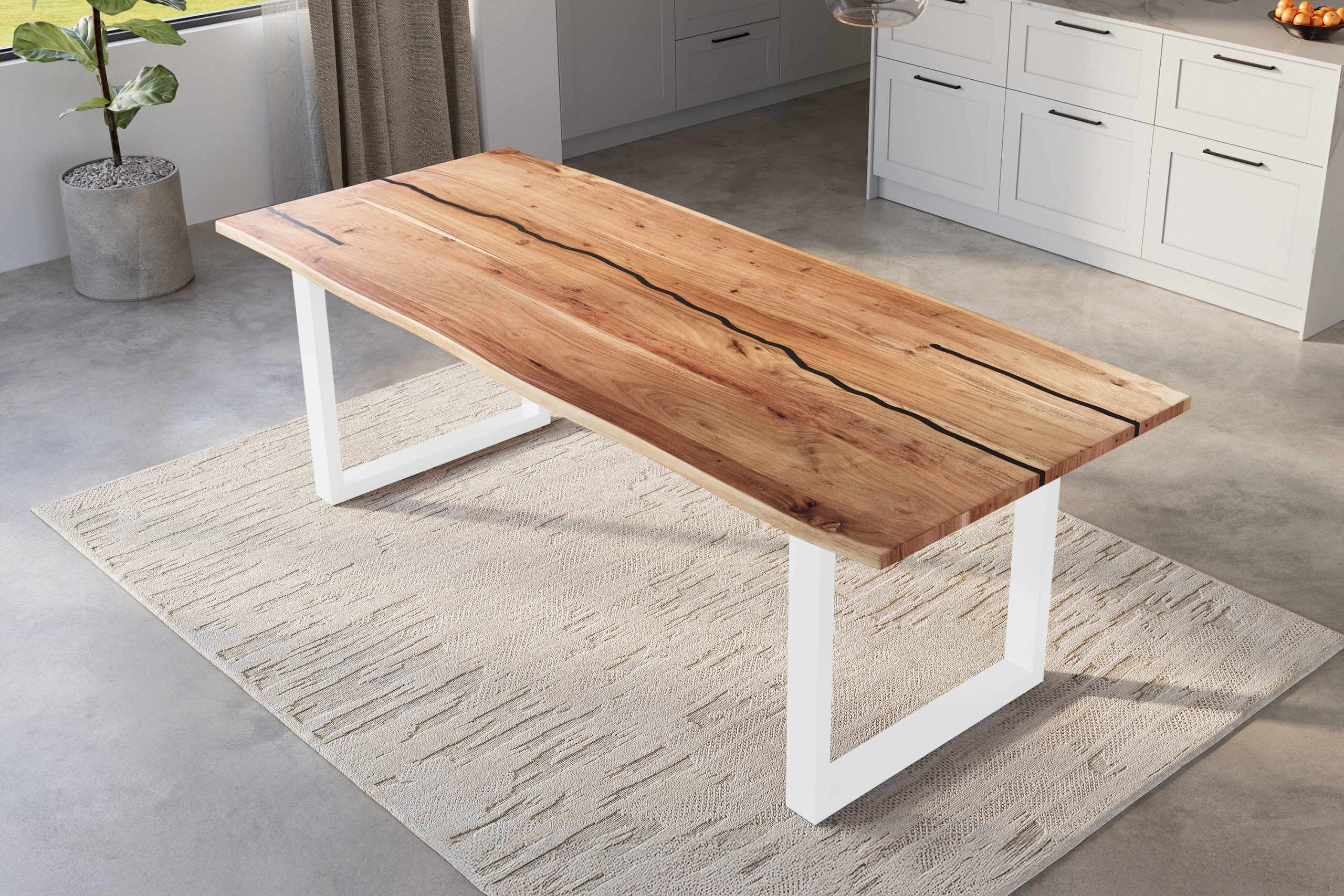 Baumkantentisch Akazie natur mit schwarzen Resin-Adern 280 x 100 cm U-Gestell weiß POLLY – Bild 5