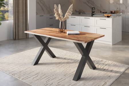 Baumkantentisch Akazie natur mit schwarzen Resin-Adern 180 x 90 cm X-Gestell schwarz POLLY