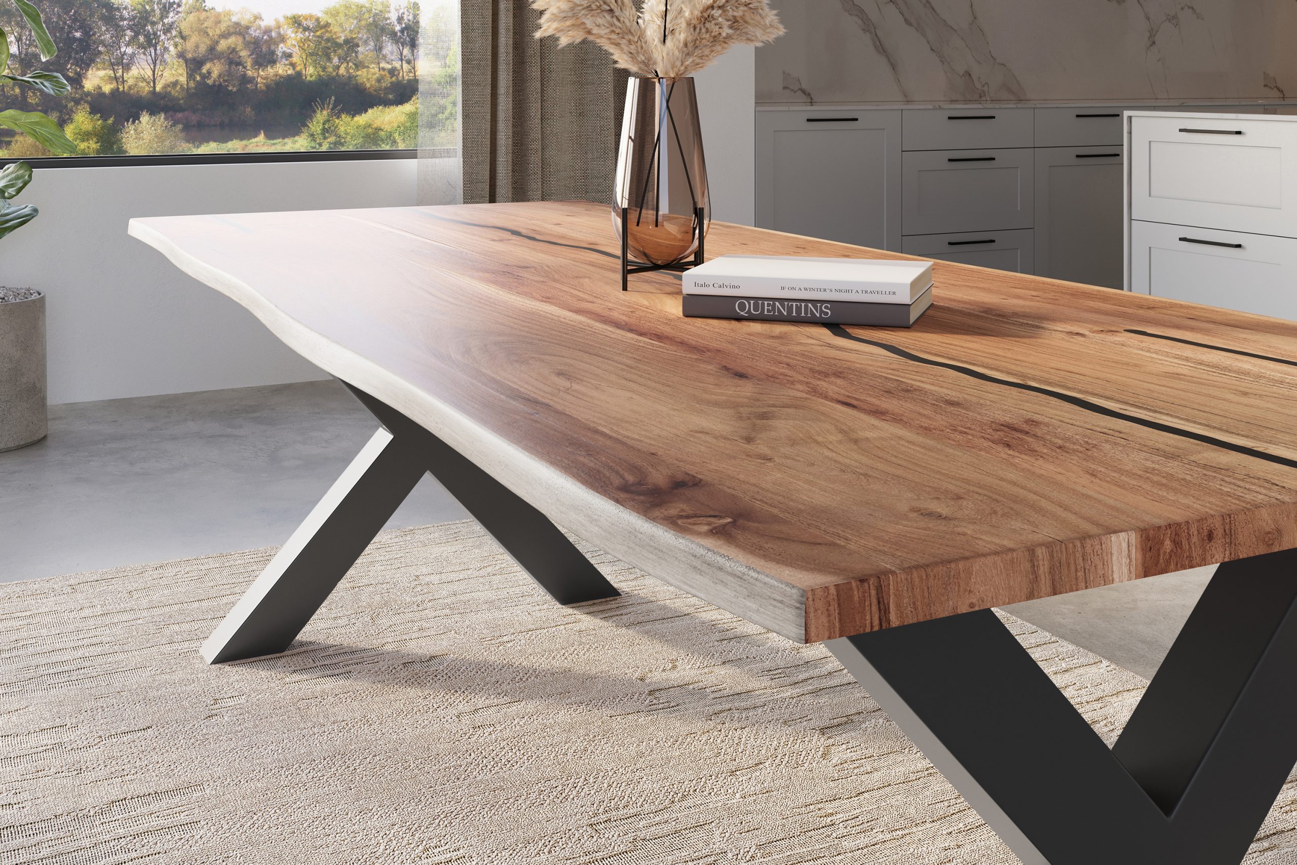 Baumkantentisch Akazie natur mit schwarzen Resin-Adern 280 x 100 cm X-Gestell schwarz POLLY – Bild 4