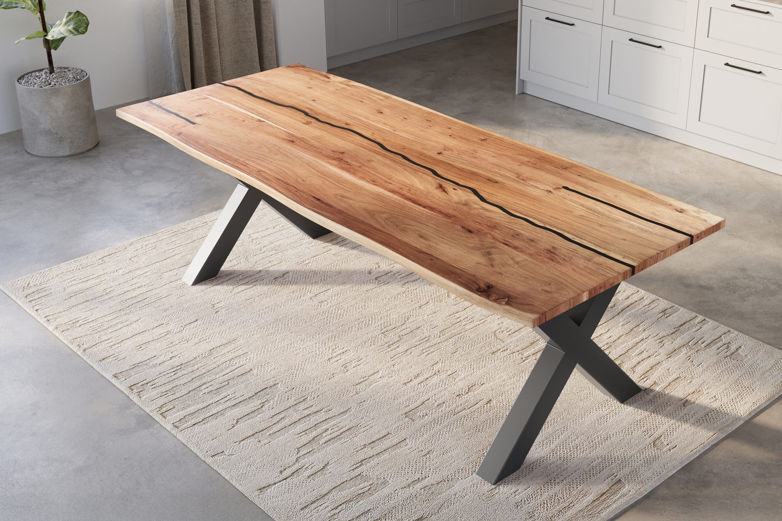 Baumkantentisch Akazie natur mit schwarzen Resin-Adern 280 x 100 cm X-Gestell schwarz POLLY – Bild 5