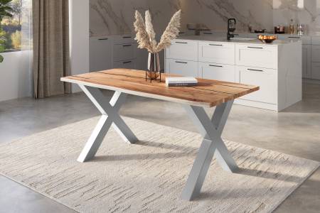 Baumkantentisch Akazie natur mit schwarzen Resin-Adern 180 x 90 cm X-Gestell silber POLLY