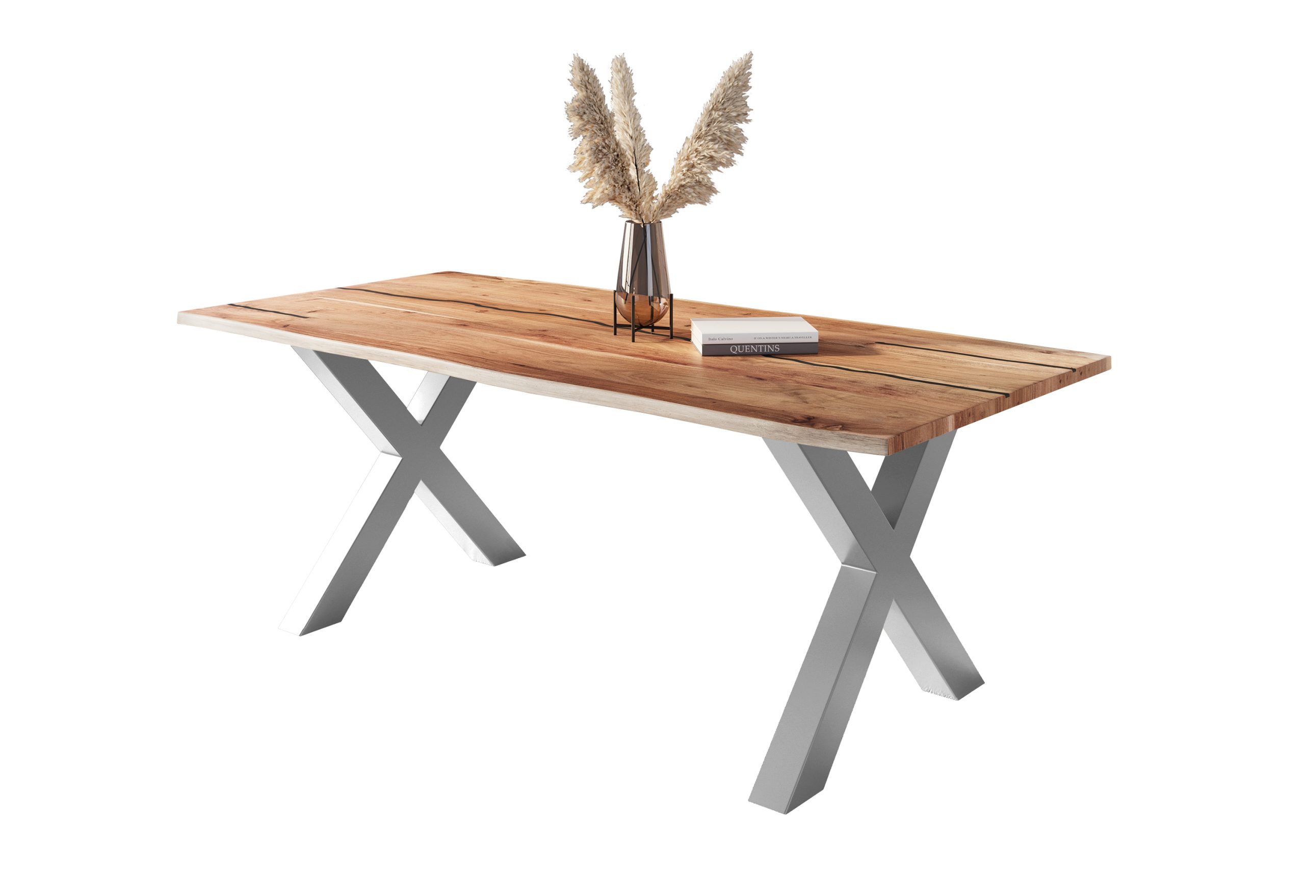 Baumkantentisch Akazie natur mit schwarzen Resin-Adern 220 x 100 cm X-Gestell silber POLLY – Bild 2