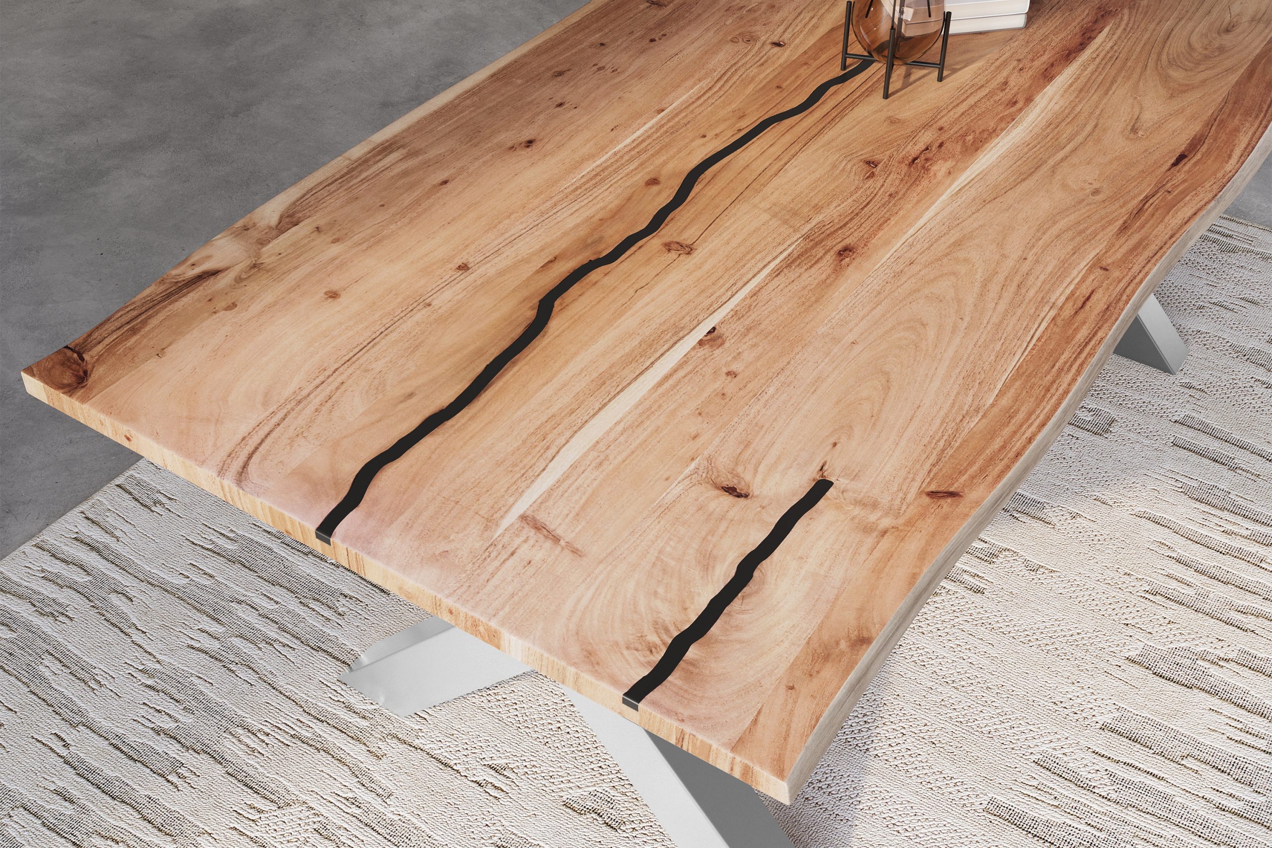 Baumkantentisch Akazie natur mit schwarzen Resin-Adern 220 x 100 cm X-Gestell silber POLLY – Bild 5