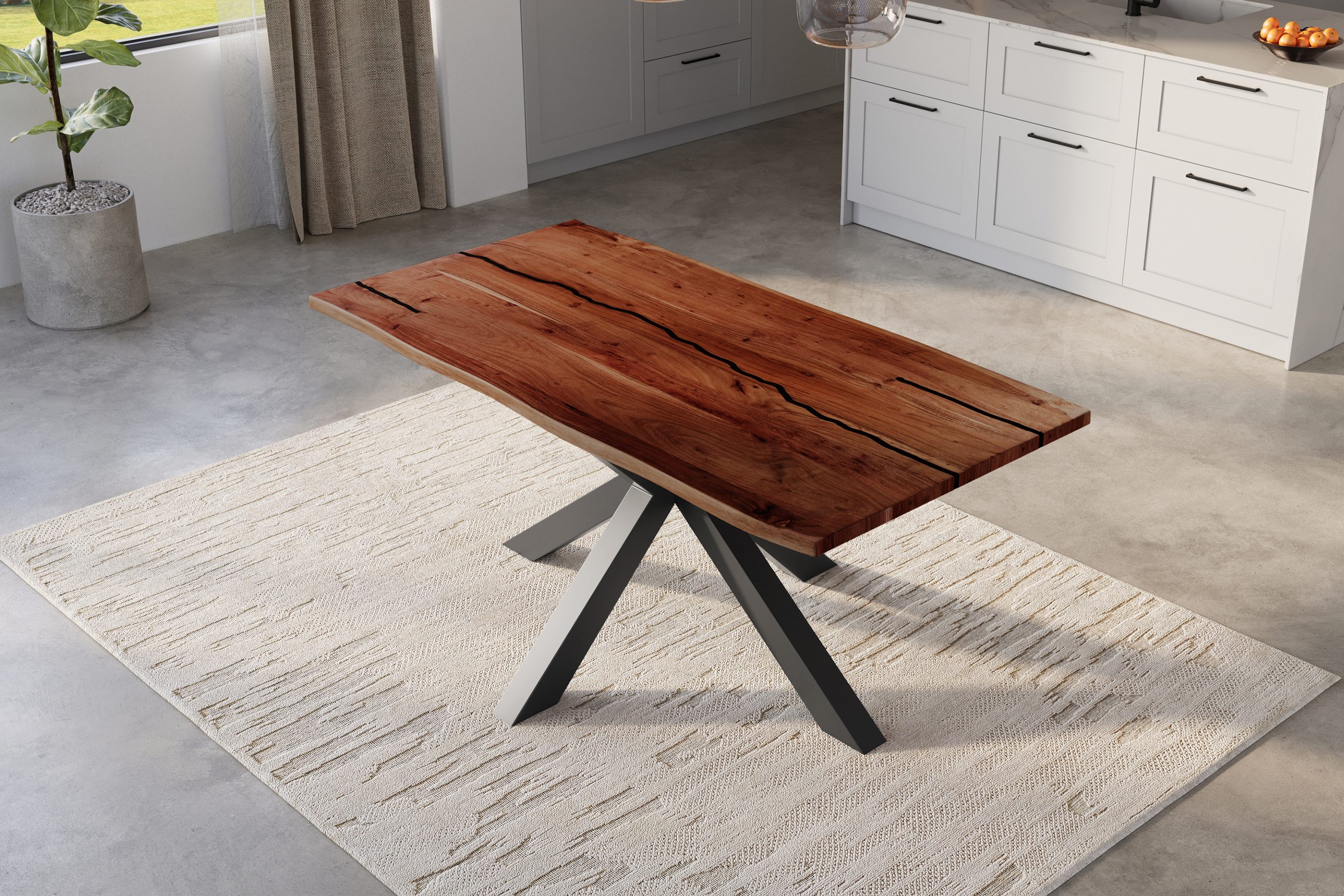 Baumkantentisch Akazie nussbaum mit schwarzen Resin-Adern 120 x 80 Spider-Gestell schwarz POLLY – Bild 5