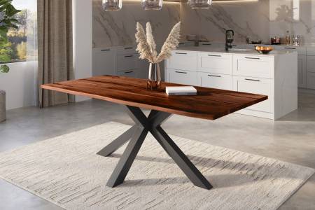 Baumkantentisch Akazie nussbaum mit schwarzen Resin-Adern 200 x 100 cm Spider-Gestell schwarz POLLY