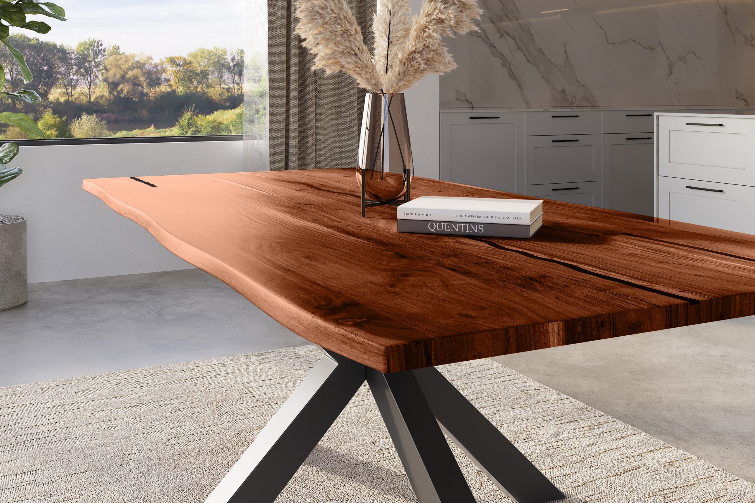 Baumkantentisch Akazie nussbaum mit schwarzen Resin-Adern 240 x 100 cm Spider-Gestell schwarz POLLY – Bild 4