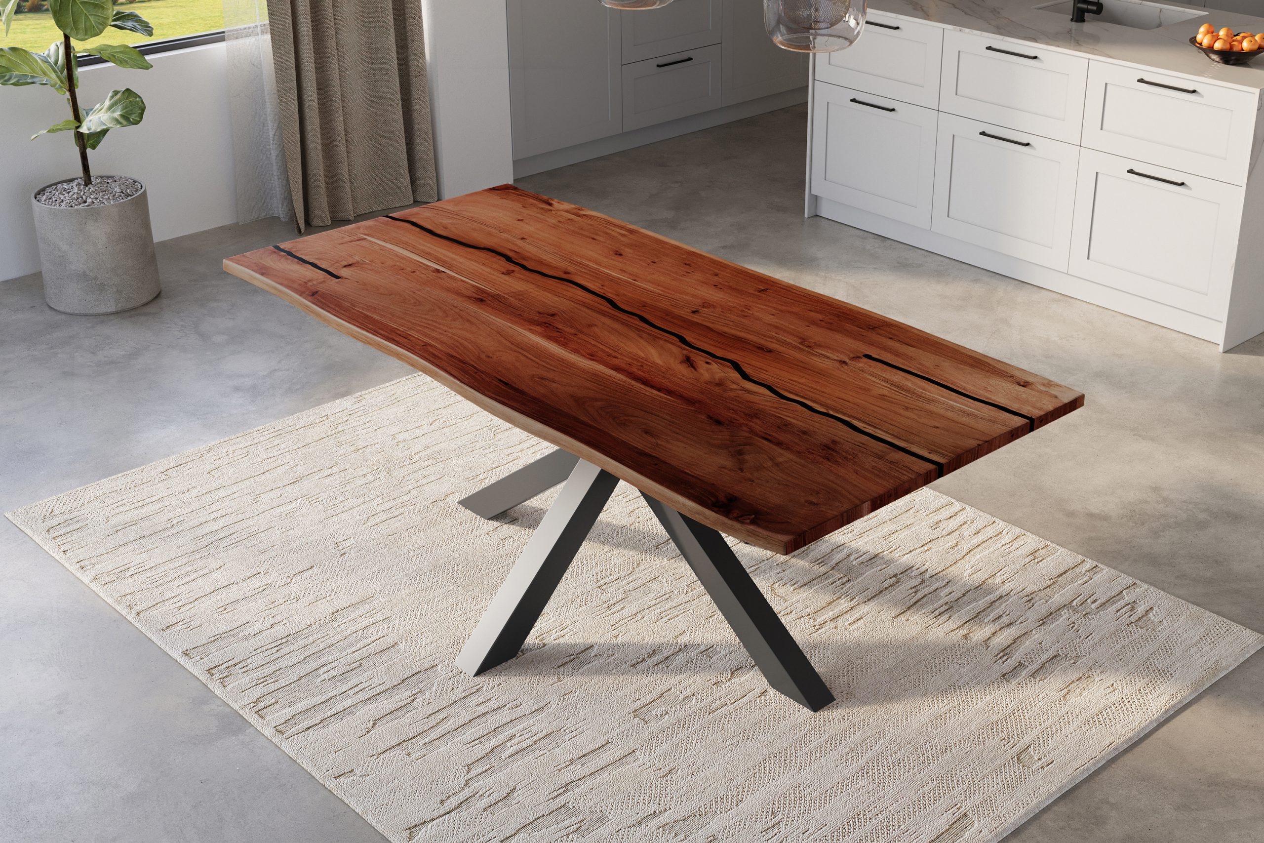 Baumkantentisch Akazie nussbaum mit schwarzen Resin-Adern 240 x 100 cm Spider-Gestell schwarz POLLY – Bild 5