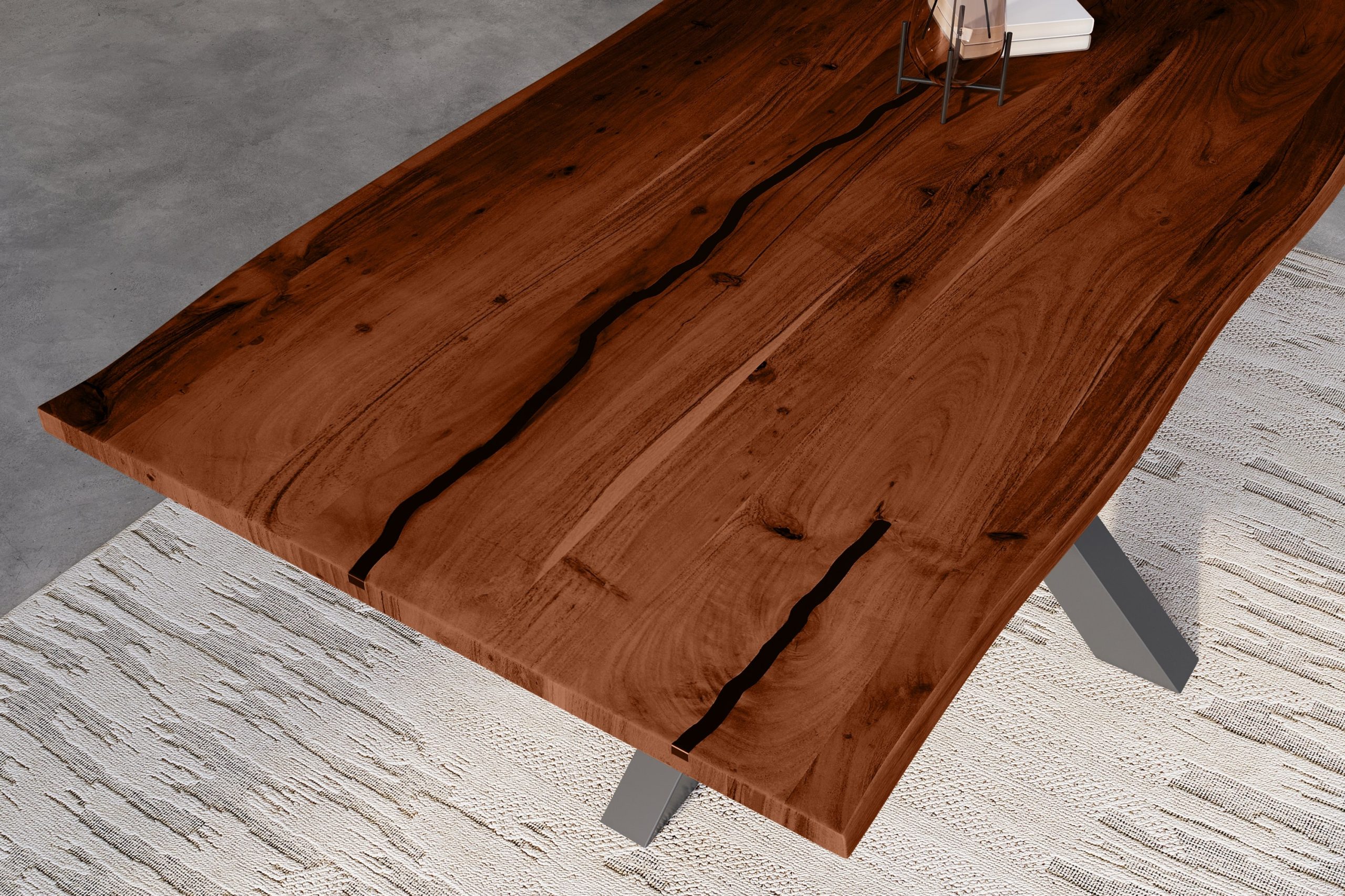 Baumkantentisch Akazie nussbaum mit schwarzen Resin-Adern 240 x 100 cm Spider-Gestell schwarz POLLY – Bild 6