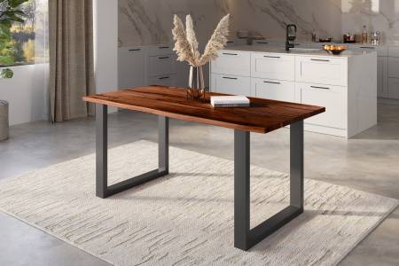 Baumkantentisch Akazie nussbaum mit schwarzen Resin-Adern 120 x 80 U-Gestell schwarz POLLY