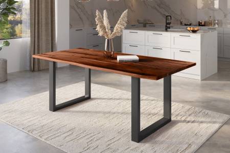 Baumkantentisch Akazie nussbaum mit schwarzen Resin-Adern 200 x 100 cm U-Gestell schwarz POLLY