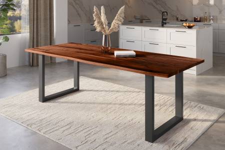 Baumkantentisch Akazie nussbaum mit schwarzen Resin-Adern 300 x 100 cm U-Gestell schwarz POLLY