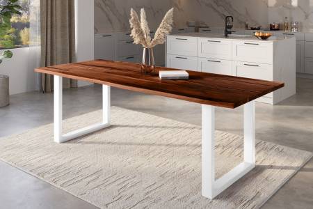 Baumkantentisch Akazie nussbaum mit schwarzen Resin-Adern 300 x 100 cm U-Gestell weiß POLLY