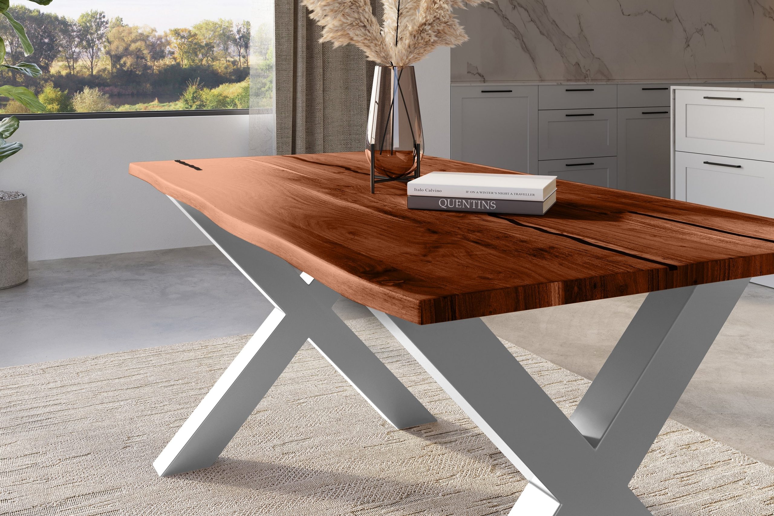 Baumkantentisch Akazie nussbaum mit schwarzen Resin-Adern 160 x 85 cm X-Gestell schwarz POLLY – Bild 4