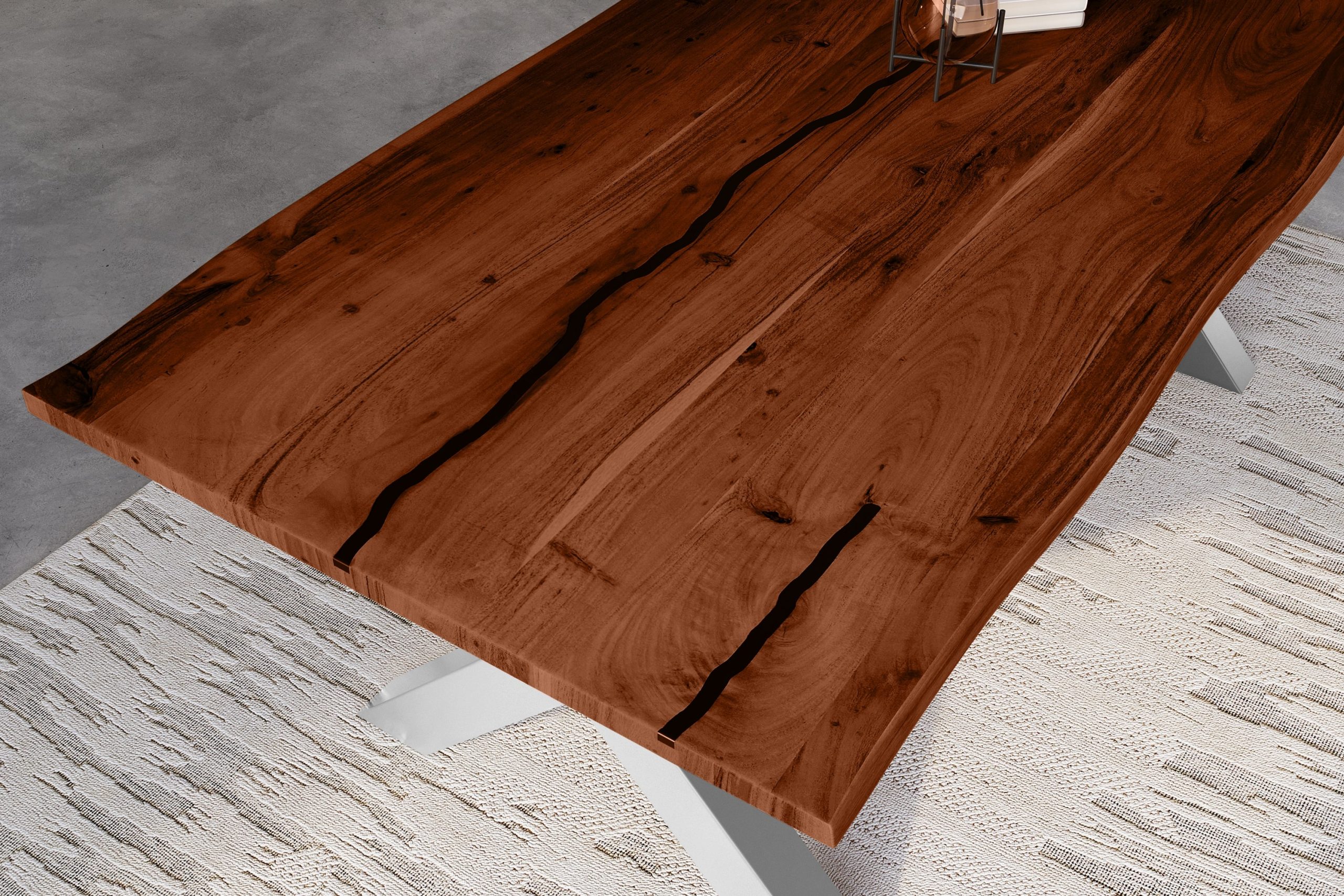 Baumkantentisch Akazie nussbaum mit schwarzen Resin-Adern 200 x 100 cm X-Gestell schwarz POLLY – Bild 6