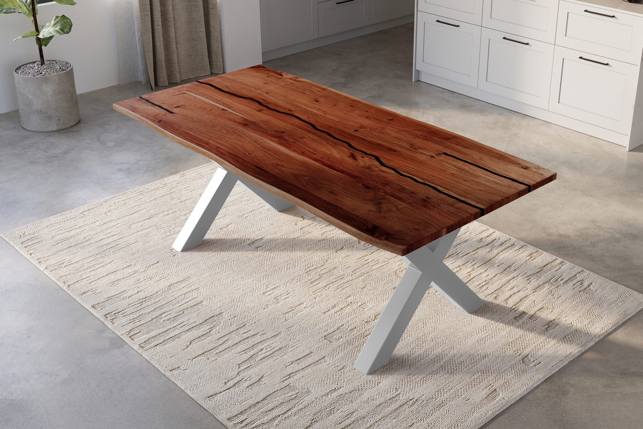 Baumkantentisch Akazie nussbaum mit schwarzen Resin-Adern 240 x 100 cm X-Gestell schwarz POLLY – Bild 5