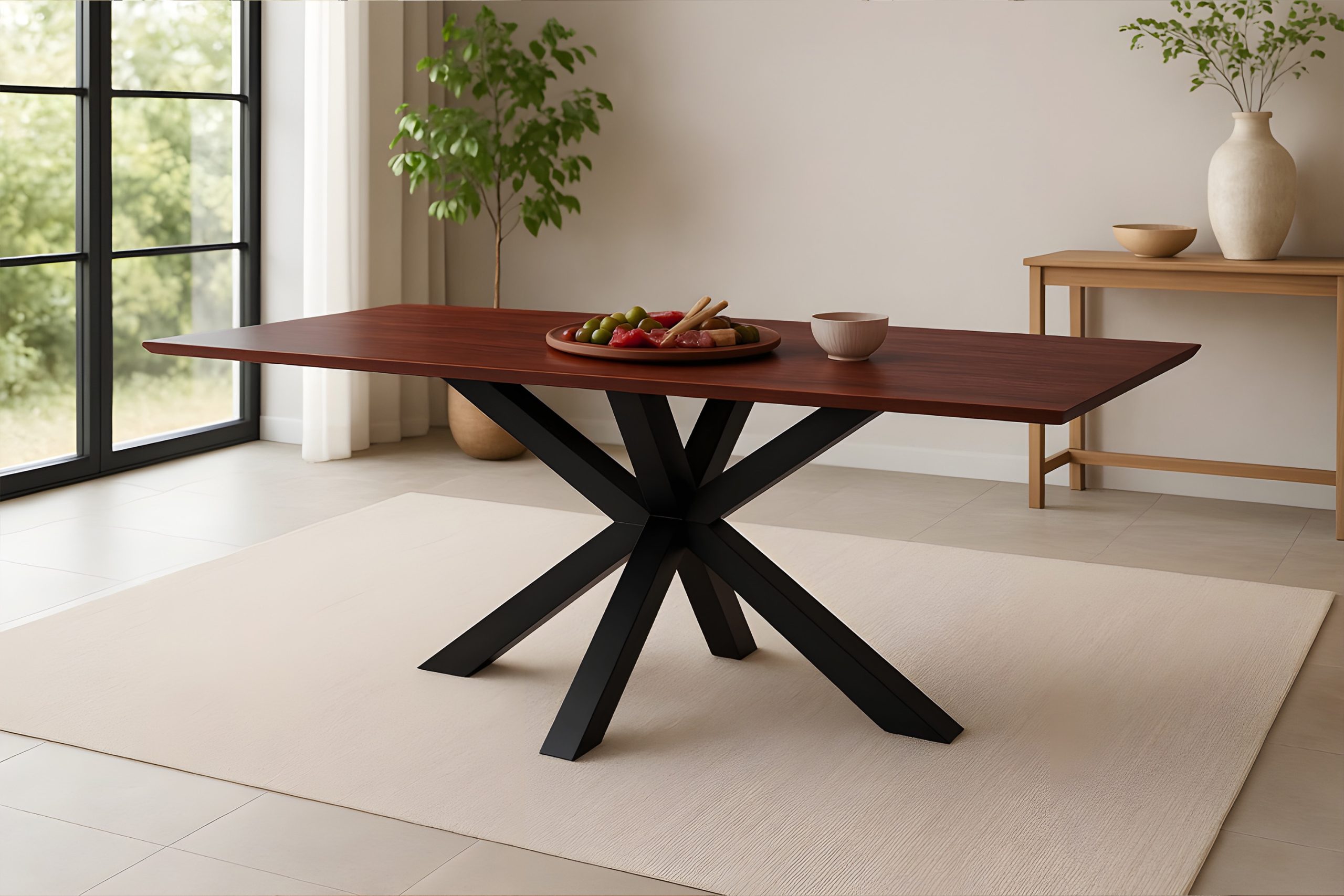 Esstisch 200x100 cm Akazie massiv kastaniefarben Schweizer Kante Spider-Gestell schwarz RITA