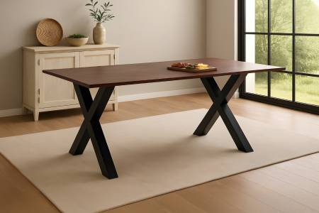 Esstisch 200x100 cm Akazie massiv kastaniefarben Schweizer Kante X-Gestell schwarz RITA