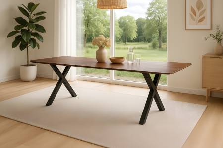 Esstisch 200 x 100 cm Akazie kastanienfarbig Schweizer Kante & abgerundete Ecken X-Gestell schwarz ROBERTO