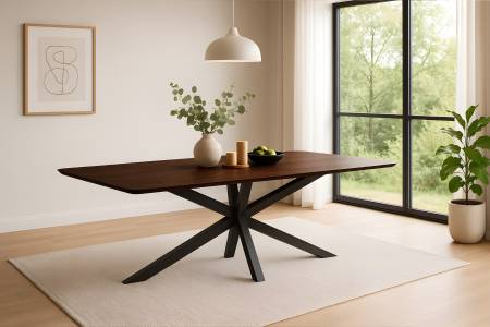 Esstisch 200 x 100 cm Akazie kastanienfarbig Schweizer Kante & abgerundete Ecken Spider-Gestell schwarz ROBERTO