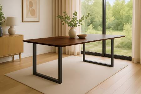 Esstisch 200 x 100 cm Akazie kastanienfarbig Schweizer Kante & abgerundete Ecken U-Gestell schwarz ROBERTO