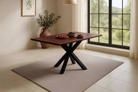 Esstisch Baumkante massiv Akazie kastaniefarben 120 x 80 cm Spider-Gestell schwarz ROXANA