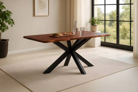 Esstisch Baumkante massiv Akazie kastaniefarben 160 x 85 cm Spider-Gestell schwarz ROXANA