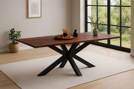 Esstisch Baumkante massiv Akazie kastaniefarben 200 x 100 cm Spider-Gestell schwarz ROXANA