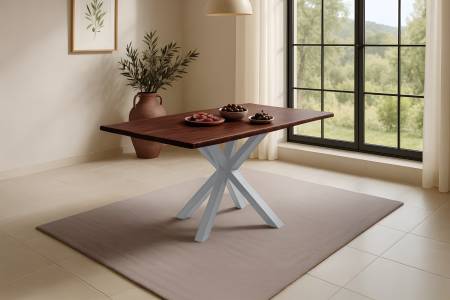 Esstisch Baumkante massiv Akazie kastaniefarben 120 x 80 cm Spider-Gestell silber ROXANA