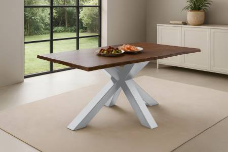 Esstisch Baumkante massiv Akazie kastaniefarben 140 x 80 cm Spider-Gestell silber ROXANA