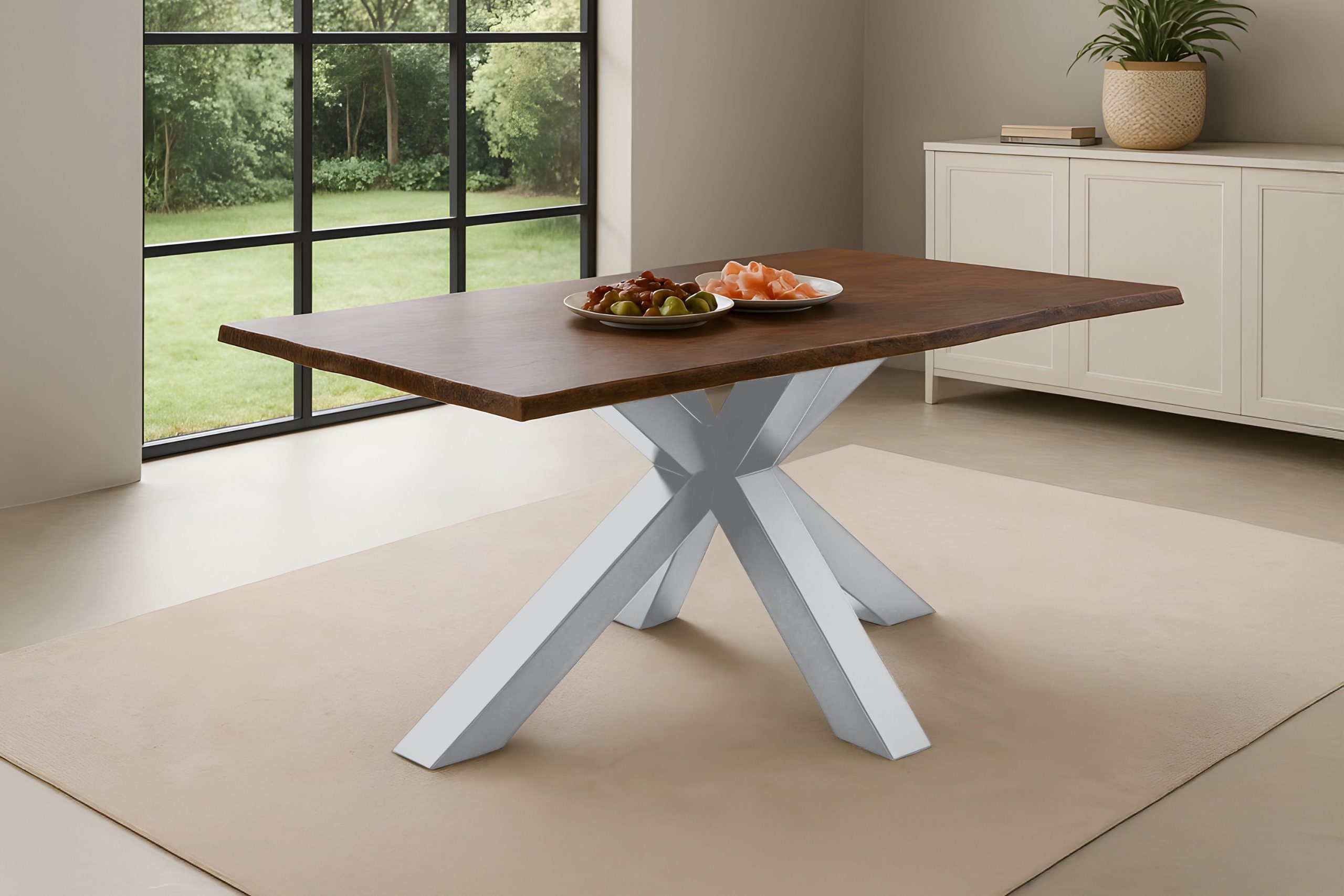 Esstisch Baumkante massiv Akazie kastaniefarben 140 x 80 cm Spider-Gestell silber ROXANA