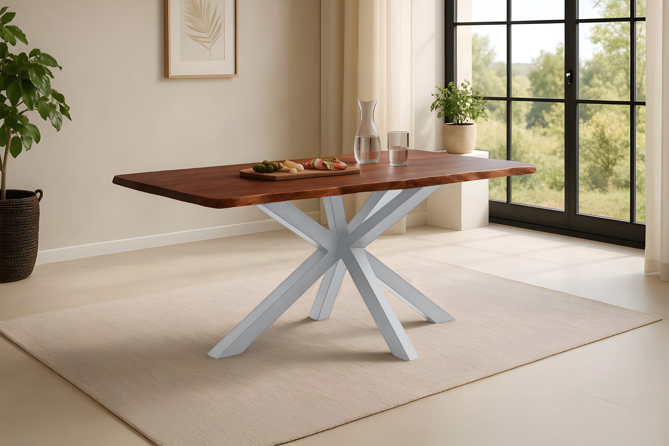 Esstisch Baumkante massiv Akazie kastaniefarben 160 x 85 cm Spider-Gestell silber ROXANA