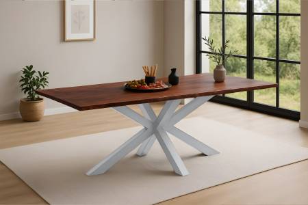 Esstisch Baumkante massiv Akazie kastaniefarben 200 x 100 cm Spider-Gestell silber ROXANA