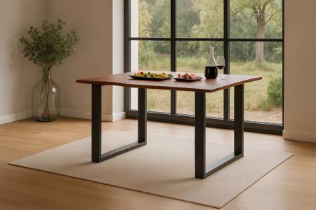 Esstisch Baumkante massiv Akazie kastaniefarben 120 x 80 cm U-Gestell schwarz ROXANA