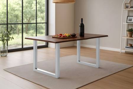 Esstisch Baumkante massiv Akazie kastaniefarben 140 x 80 cm U-Gestell silber ROXANA