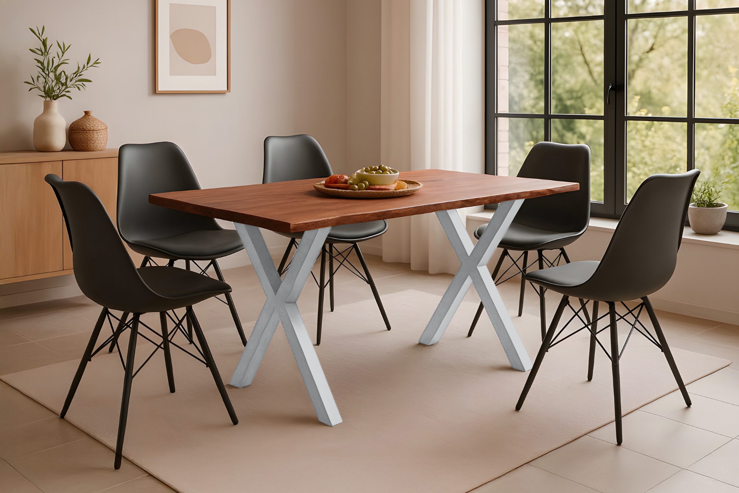 Esstisch Baumkante massiv Akazie kastaniefarben 140 x 80 cm X-Gestell silber ROXANA – Bild 4