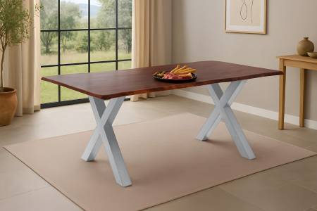 Esstisch Baumkante massiv Akazie kastaniefarben 160 x 85 cm X-Gestell silber ROXANA