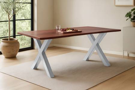 Esstisch Baumkante massiv Akazie kastaniefarben 180 x 90 cm X-Gestell silber ROXANA