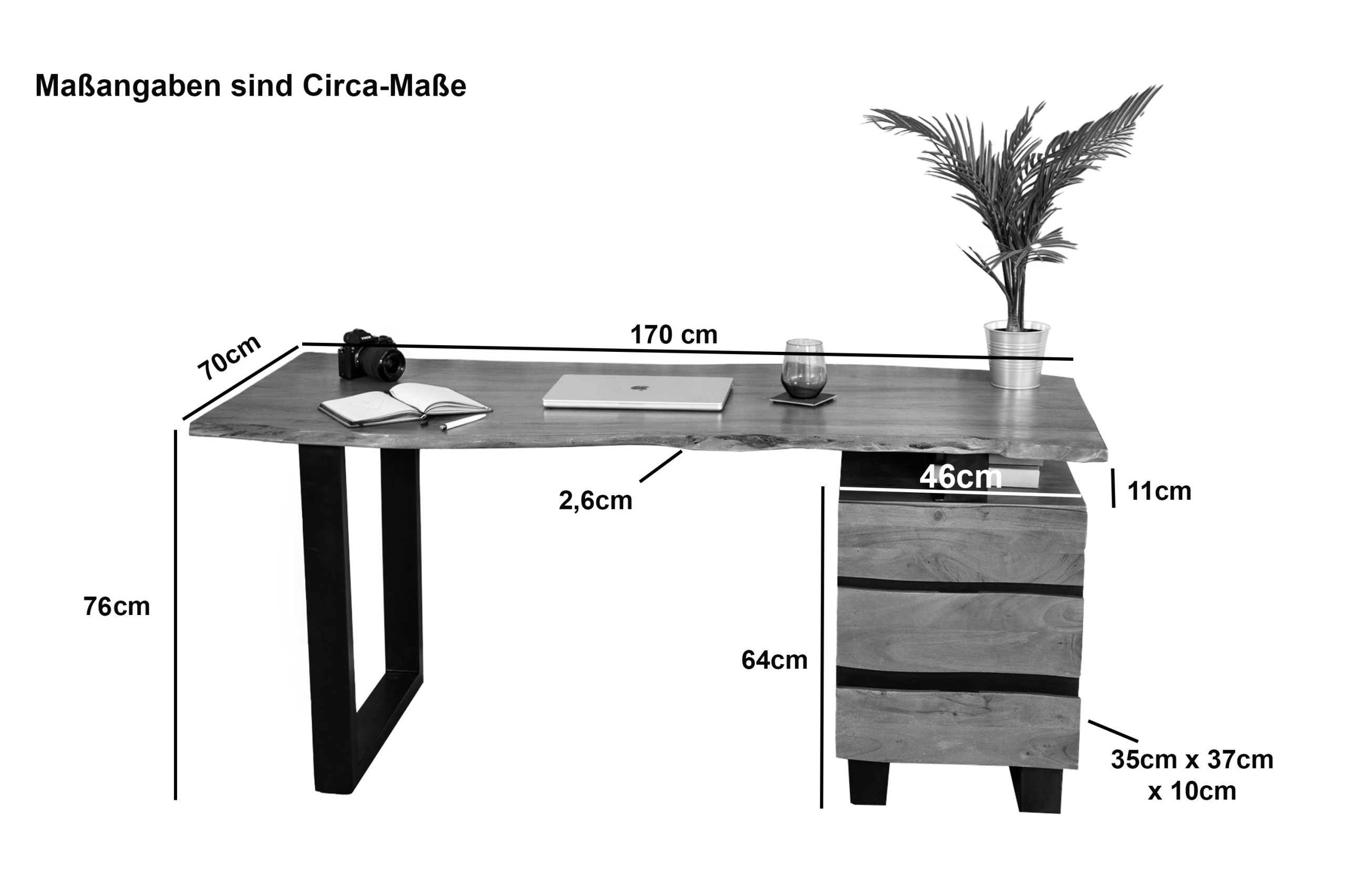 Schreibtisch Baumkante 170 x 70 cm Akazie natur U-Gestell schwarz NARA – Bild 4