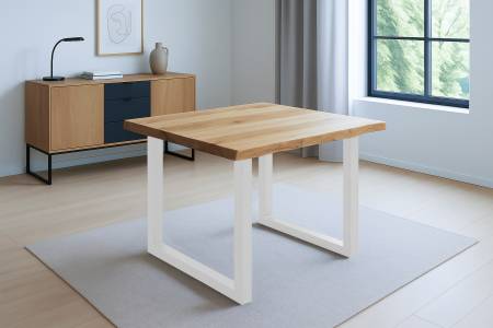 Esstisch Baumkante 90 x 90 cm Wildeiche U-Gestell weiß SERRA