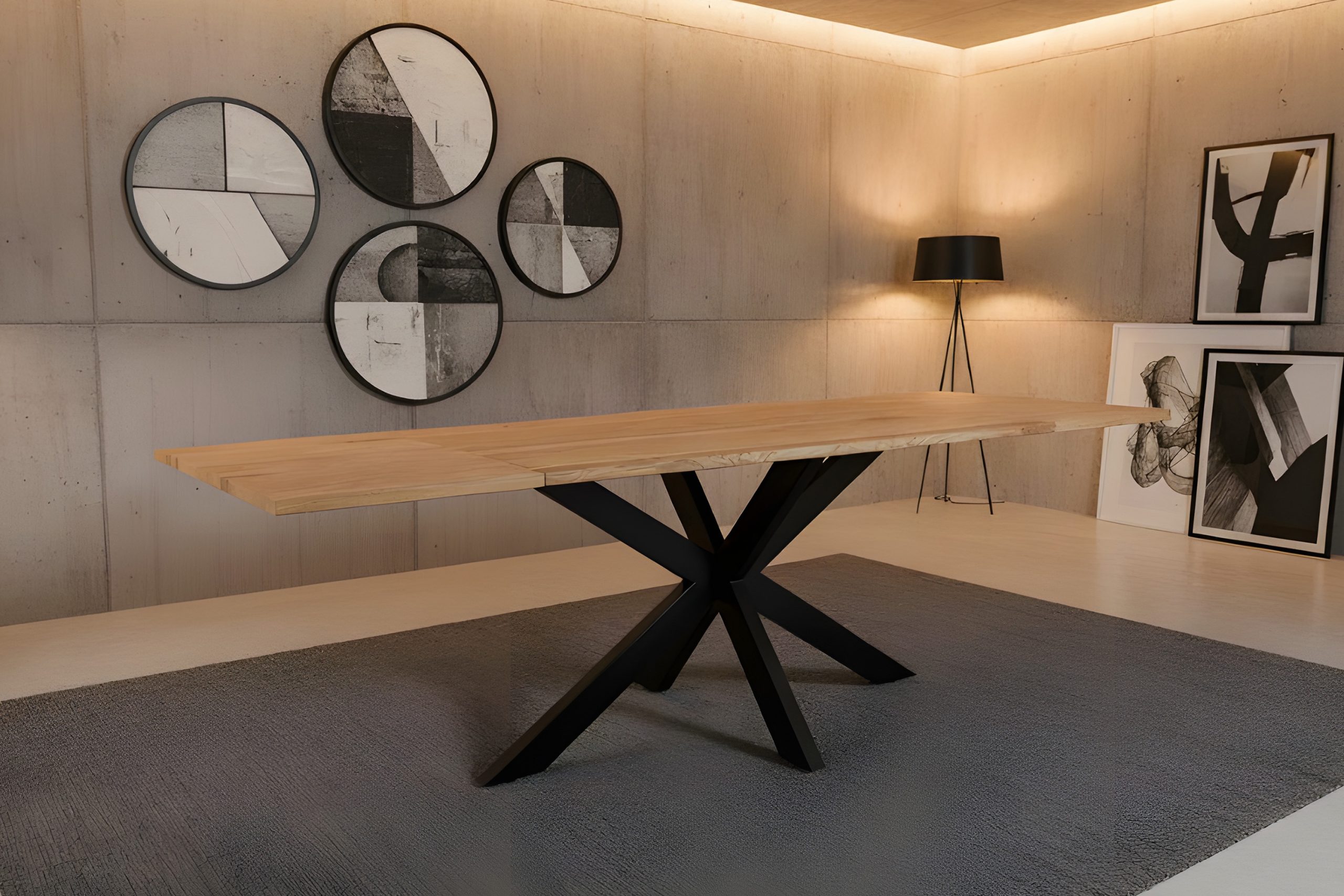 Esstisch 140(220)x80 cm mit Ansteckplatten Baumkante Wildeiche massiv Spider-Gestell schwarz SERRA