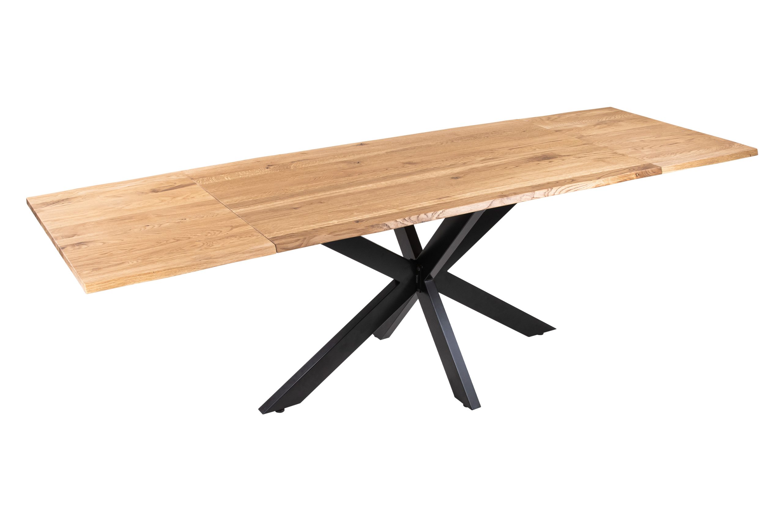 Esstisch 140(220)x80 cm mit Ansteckplatten Baumkante Wildeiche massiv Spider-Gestell schwarz SERRA – Bild 2