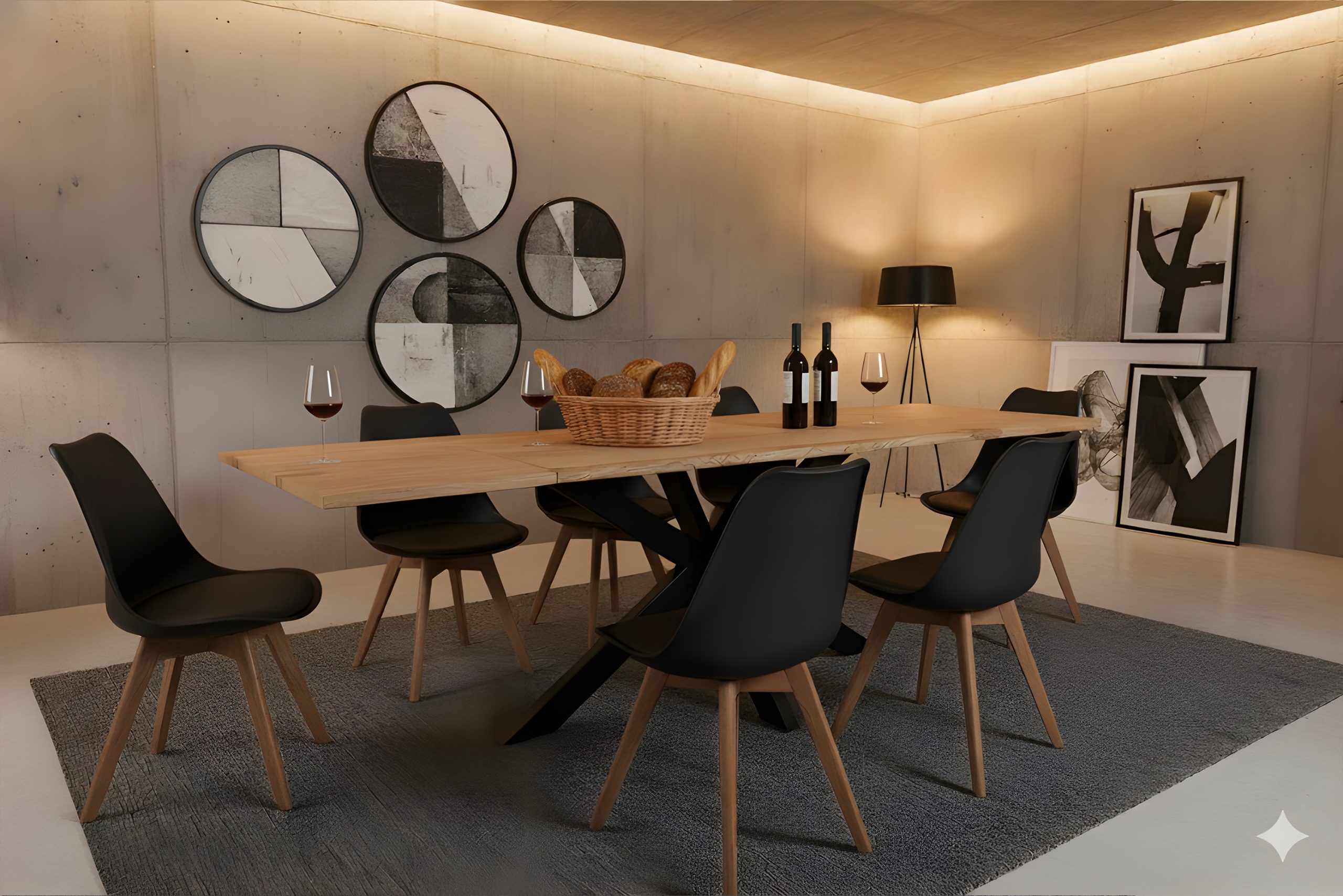 Esstisch 160(260)x85 cm mit Ansteckplatten Baumkante Wildeiche massiv Spider-Gestell schwarz SERRA – Bild 5