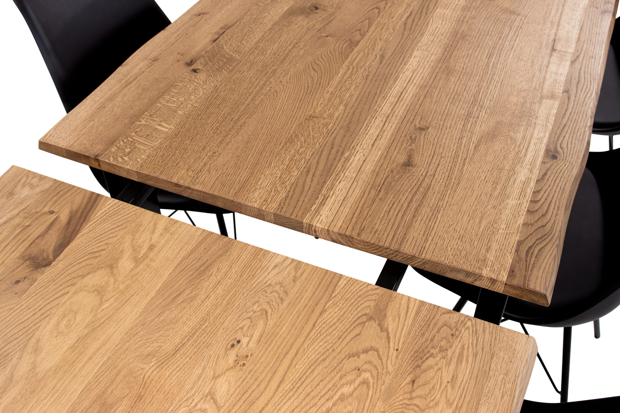 Esstisch 160(260)x85 cm mit Ansteckplatten Baumkante Wildeiche massiv Spider-Gestell schwarz SERRA – Bild 6